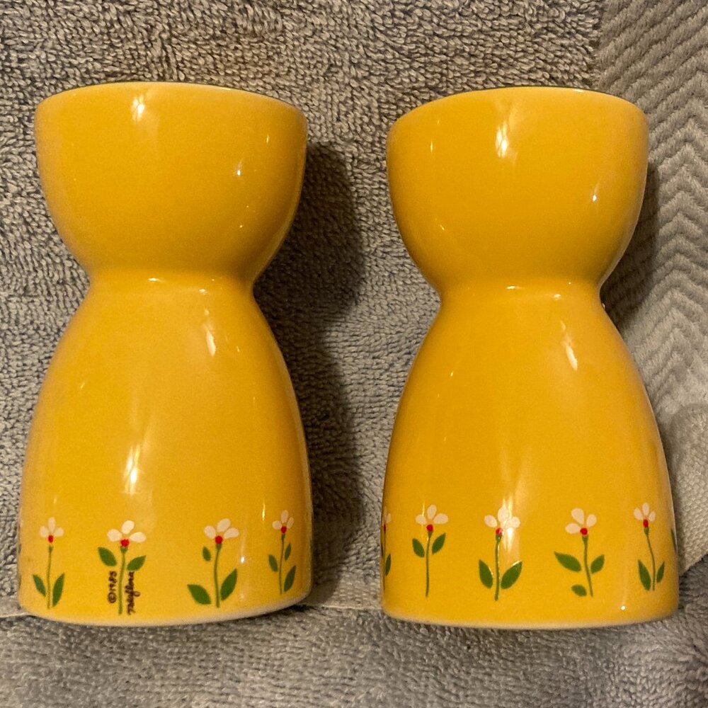 VTG 1985-2 Teleflora Daisy Egg Cups-Yellow & Green Trim w/Daisies-4" H-Korea-EUC